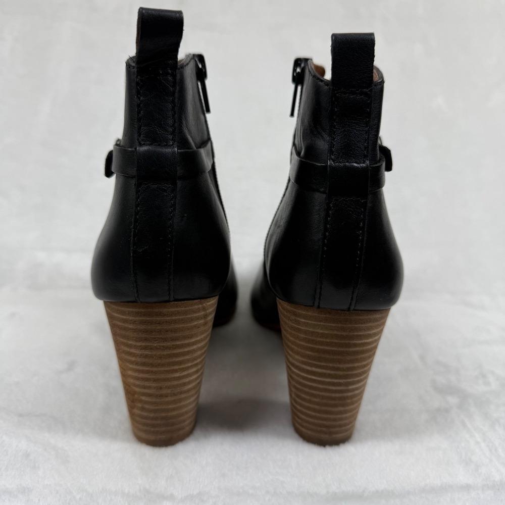 Lucky Brand Womens Black Leather Ankle Bootie Stacked Block Heel Side Zip 9 READ - Picture 4 of 12